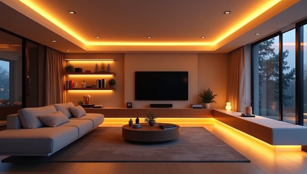 Гостиная с встроенной LED-подсветкой: карнизы, полки, мебельный контур и мультимедиа